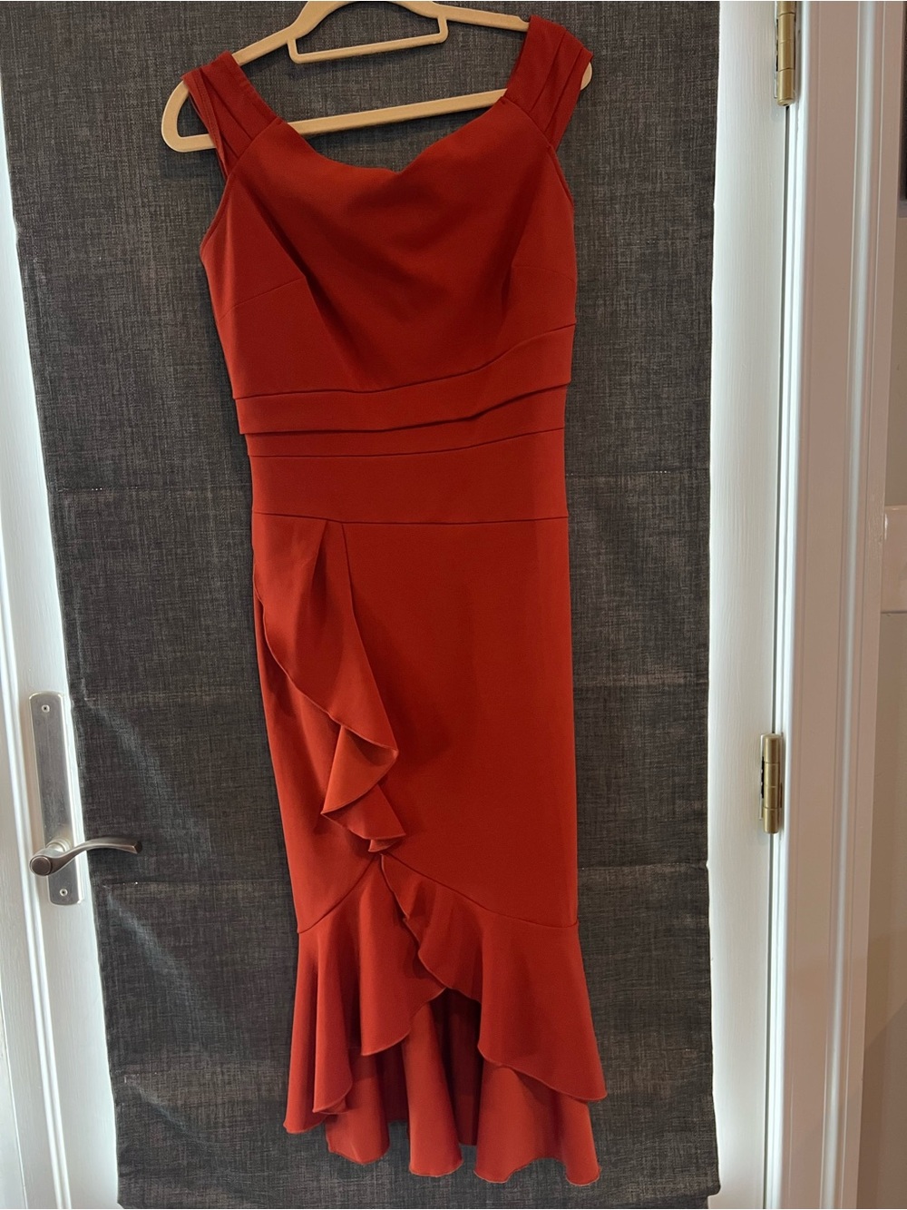 Structured Rust Ruffle Midi Dress with Draping that sits on end of shoulders